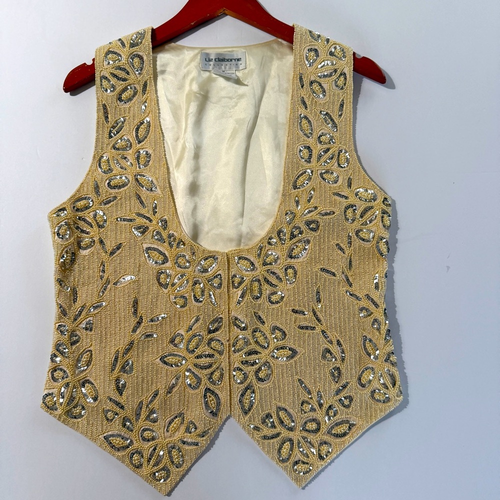 Vintage Liz Claiborne‎ Women’s Ivory Satin Silk Sequin Beaded Pearl Vest M Y2K